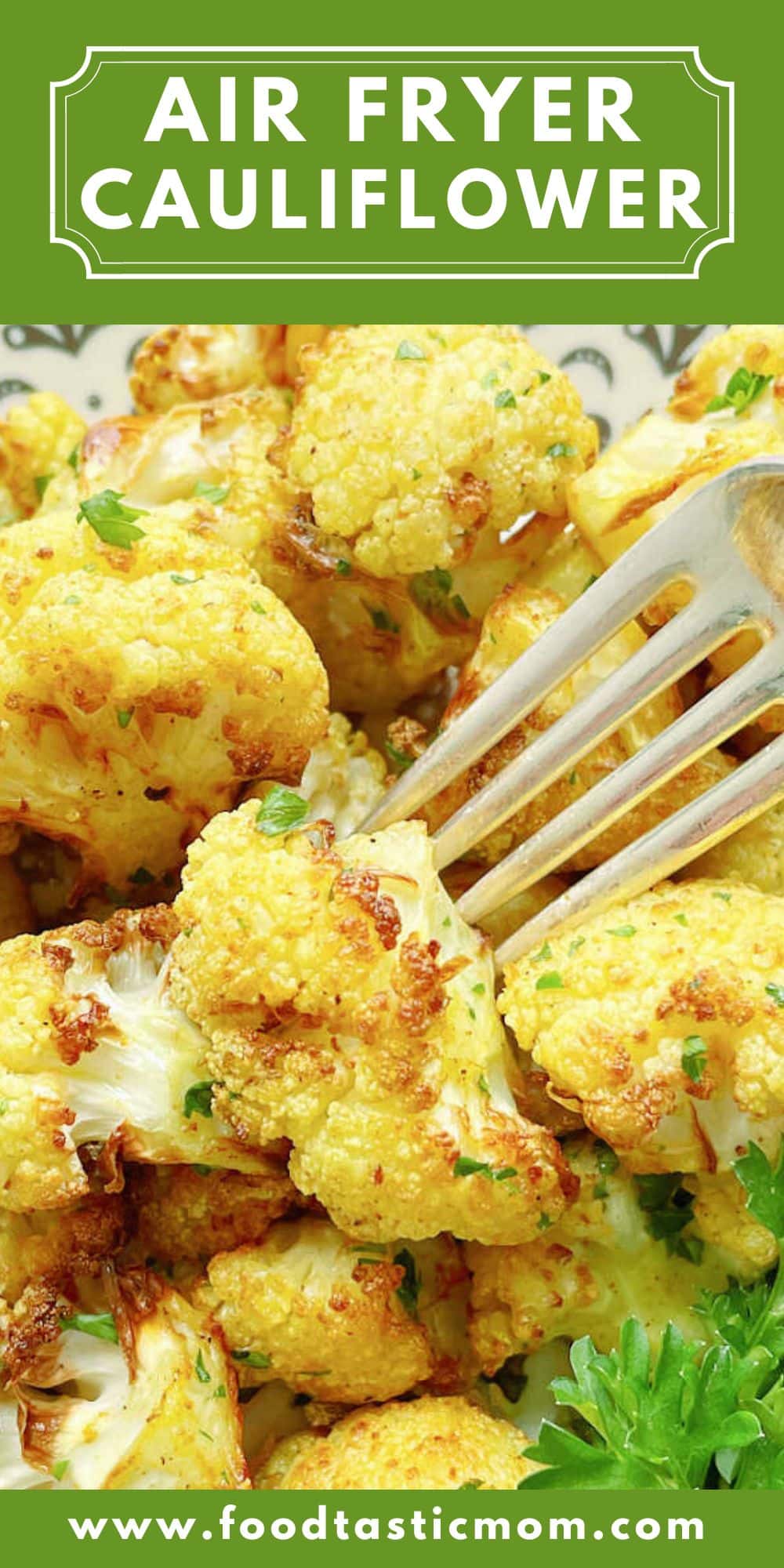 Air Fryer Cauliflower is such a great side dish to make. Fresh cauliflower, a little curry powder and salt cook to perfect crisp tenderness. via @foodtasticmom