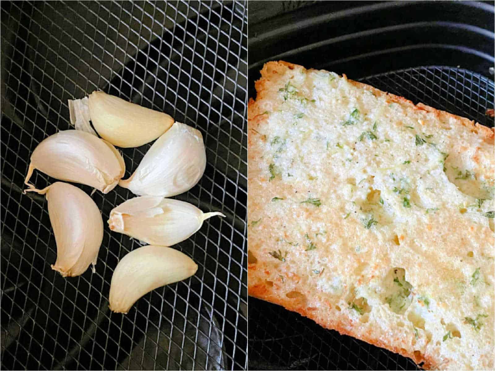 showing the garlic cloves toasted in the air fryer basket