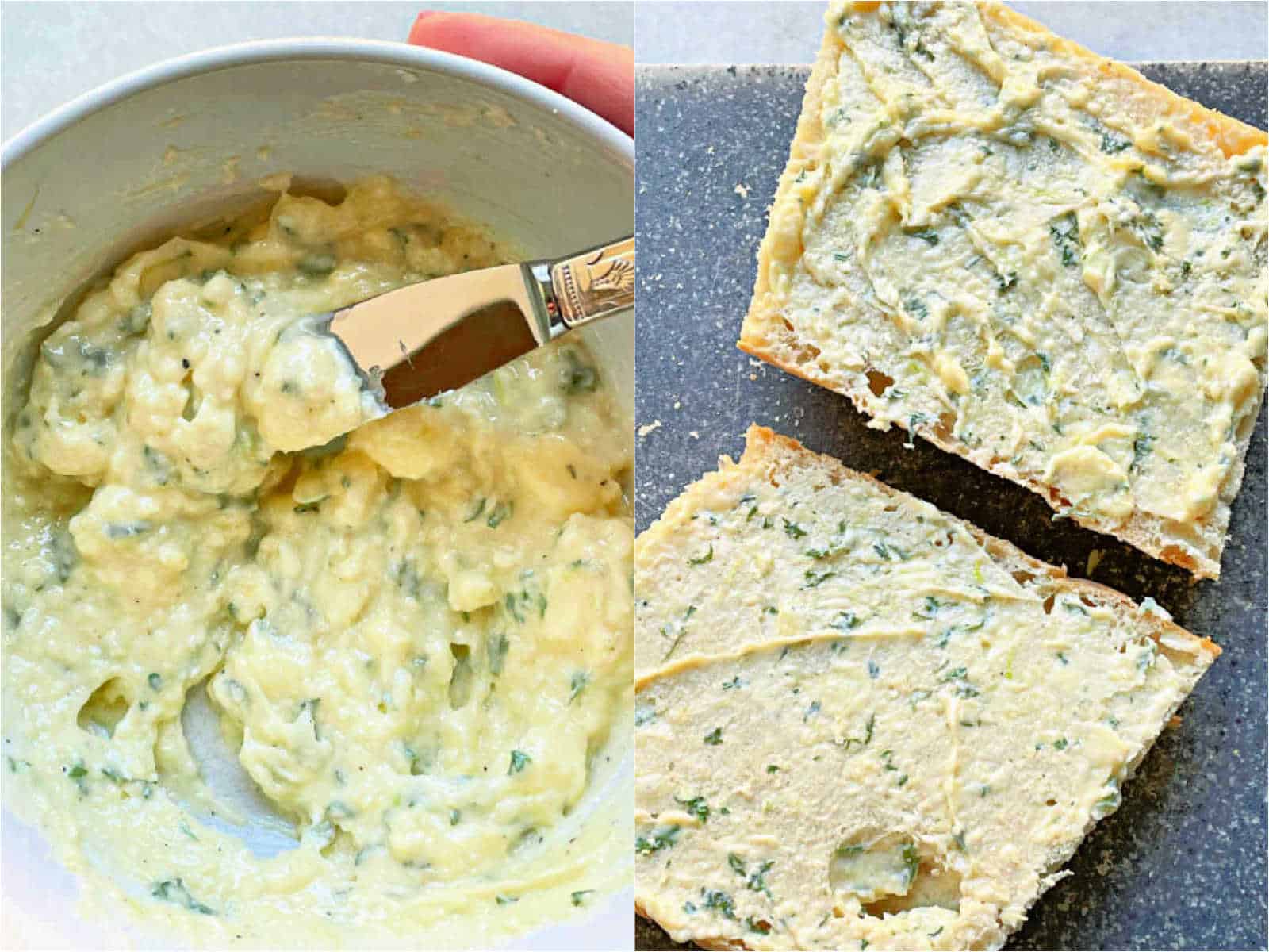 showing the garlic butter mixed together and then spread on the bread