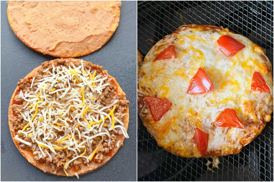 showing how to make an air fryer mexican pizza