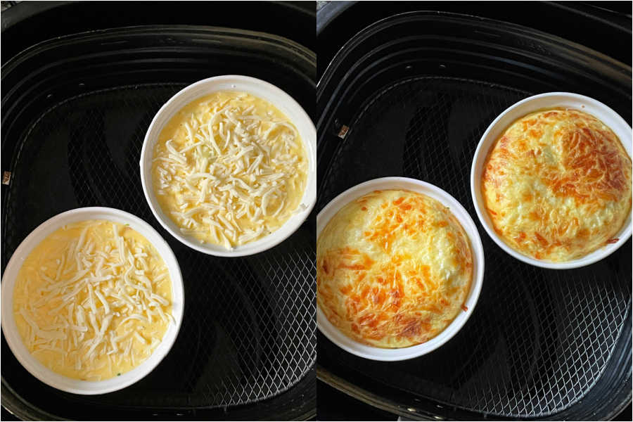 quiche in air fryer basket, before and after being cooked