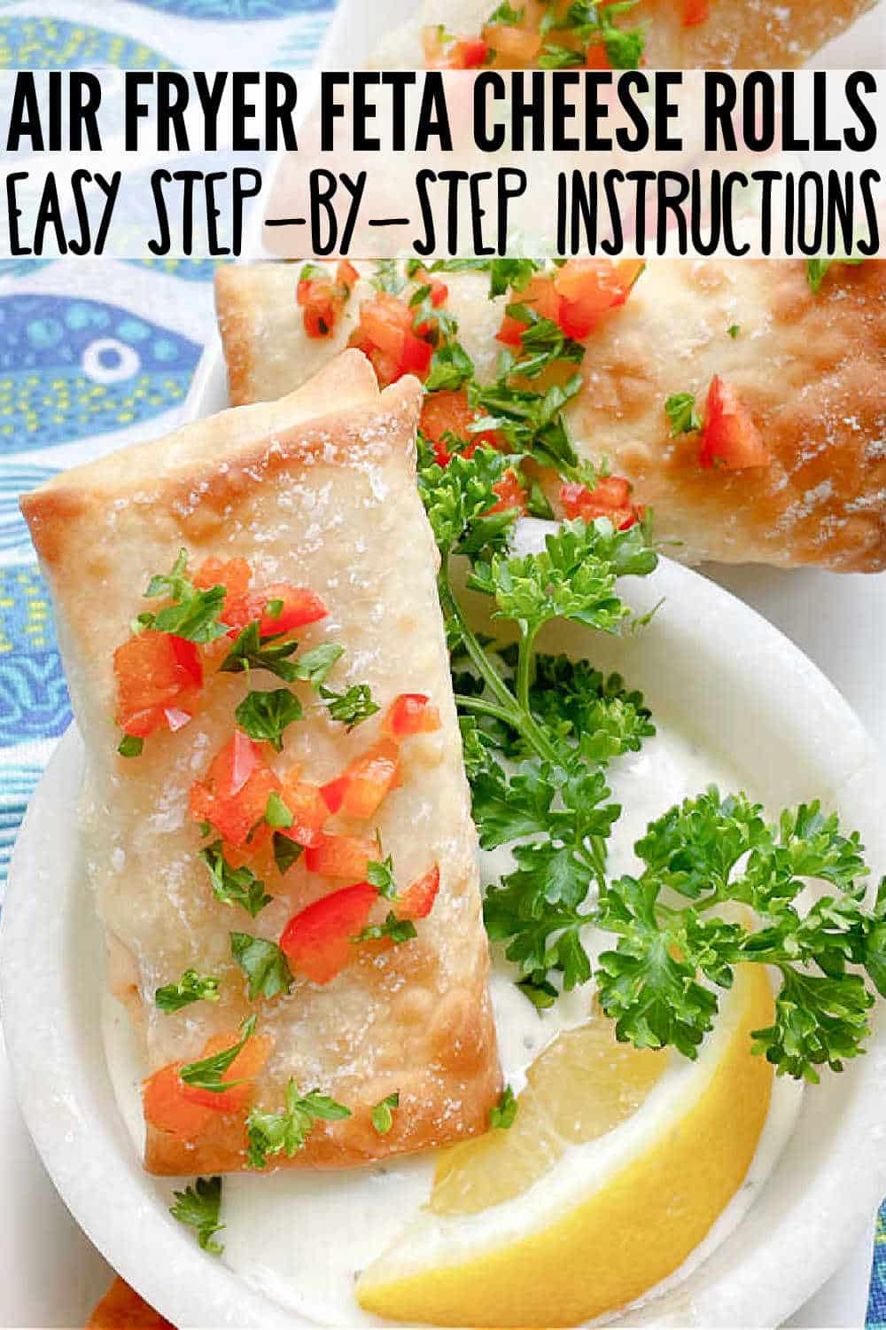 Air Fryer Feta Cheese Rolls are delightfully crispy egg rolls wrappers with red pepper, feta cheese, herbs and spices. Simply delicious. via @foodtasticmom