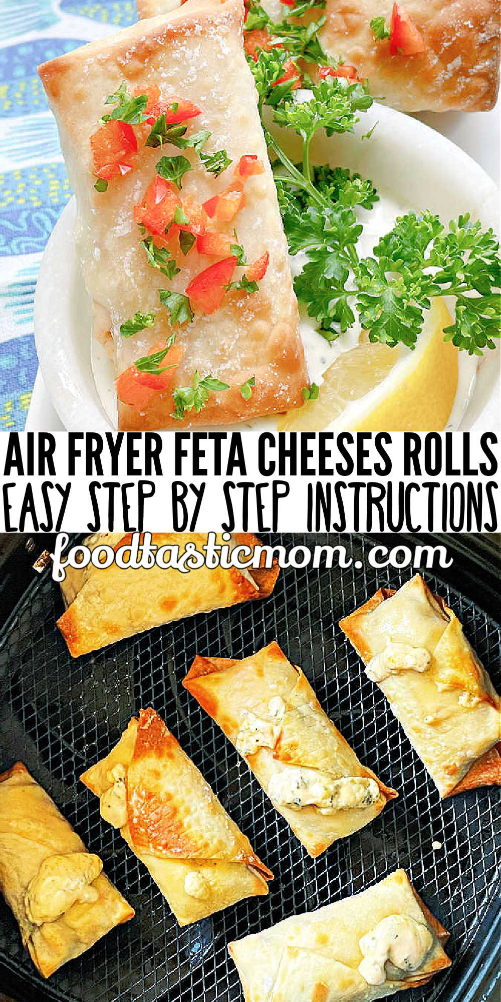 Air Fryer Feta Cheese Rolls are delightfully crispy egg rolls wrappers with red pepper, feta cheese, herbs and spices. Simply delicious. via @foodtasticmom