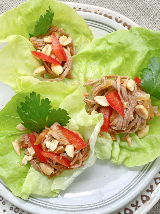 slow cooker satay pork in lettuce wraps