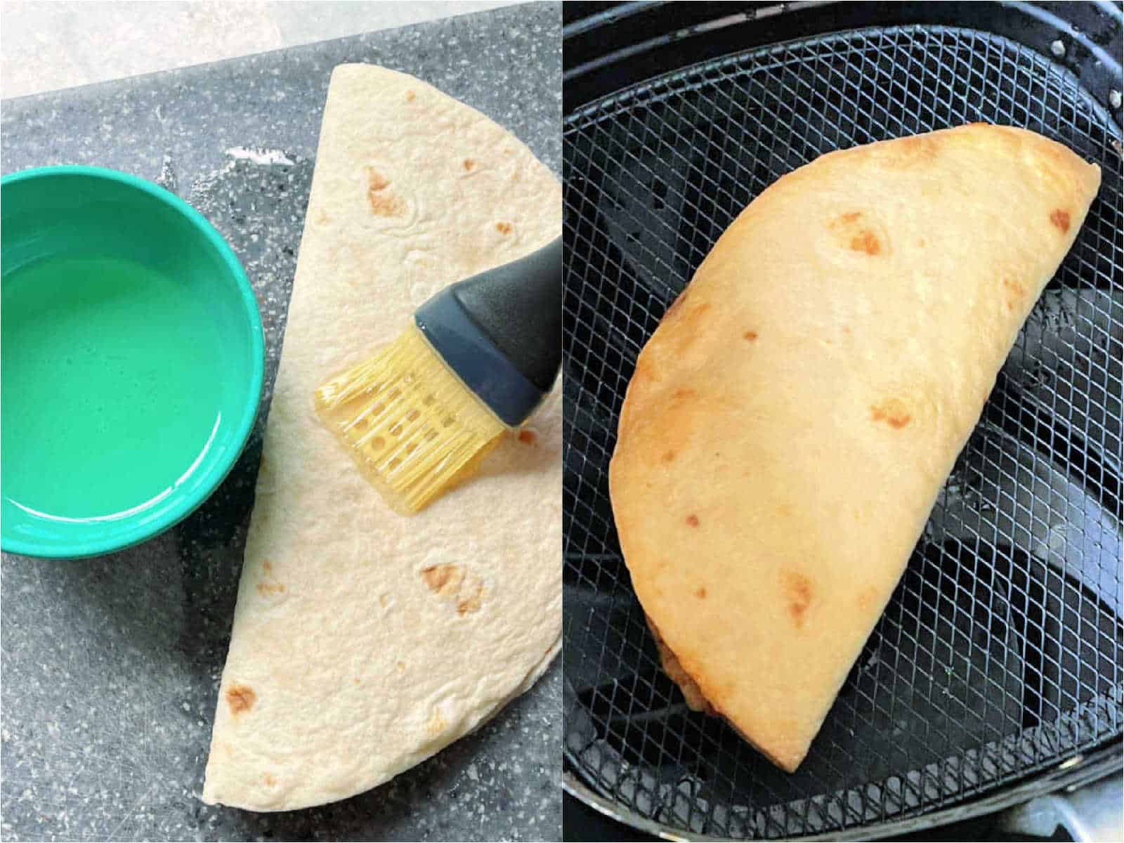 showing how to assemble and air fry a quesadilla