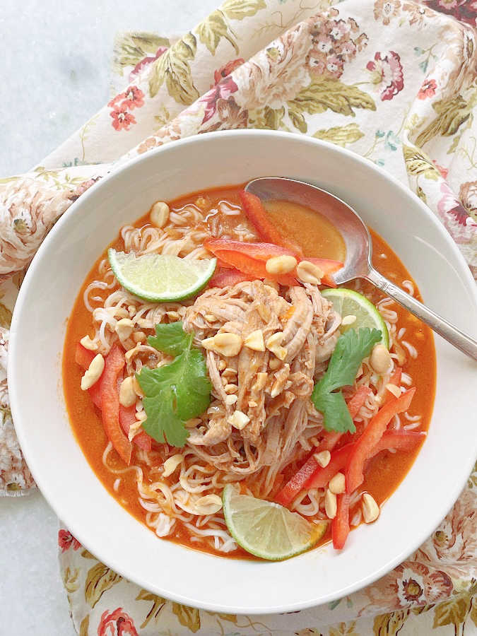 overhead view of thai ramen noodle bowl