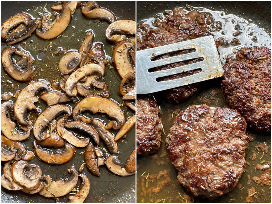 cooking mushrooms for the wagyu burgers