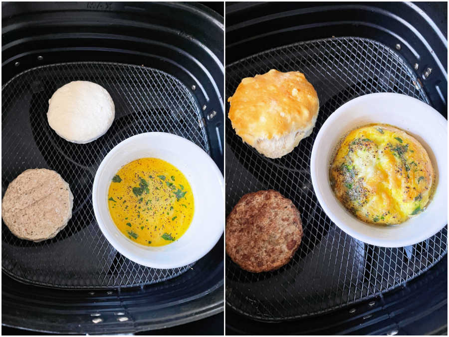 showing before and after cooking breakfast sandwich in the air fryer