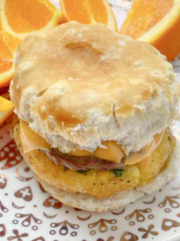 top view of the sausage egg and cheese air fryer breakfast sandwich