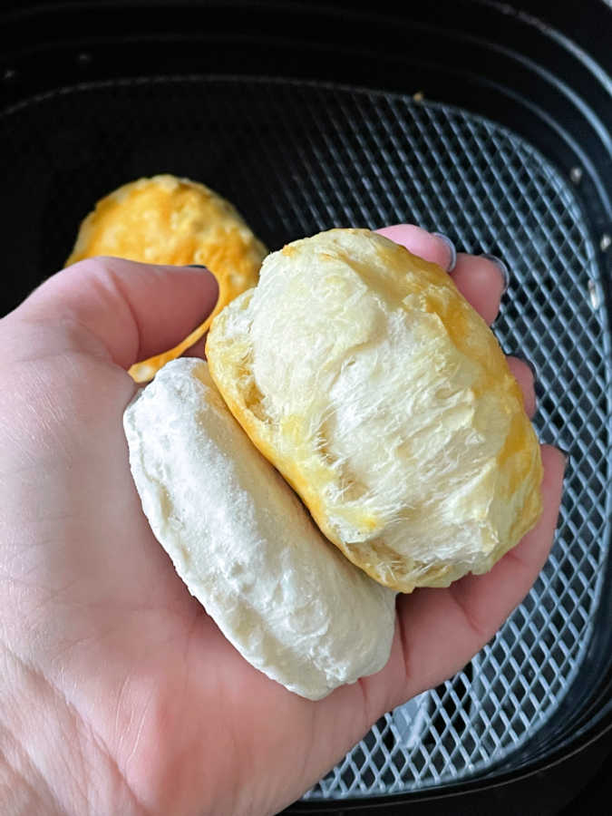 showing frozen biscuits before and after being cooked in the air fryer