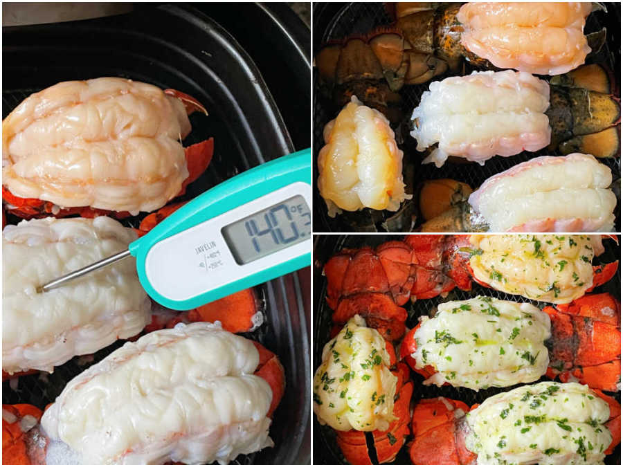 lobster tail both raw and cooked in the air fryer basket