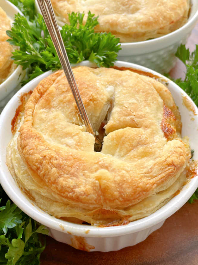 slow cooker steak pie with a fork in it