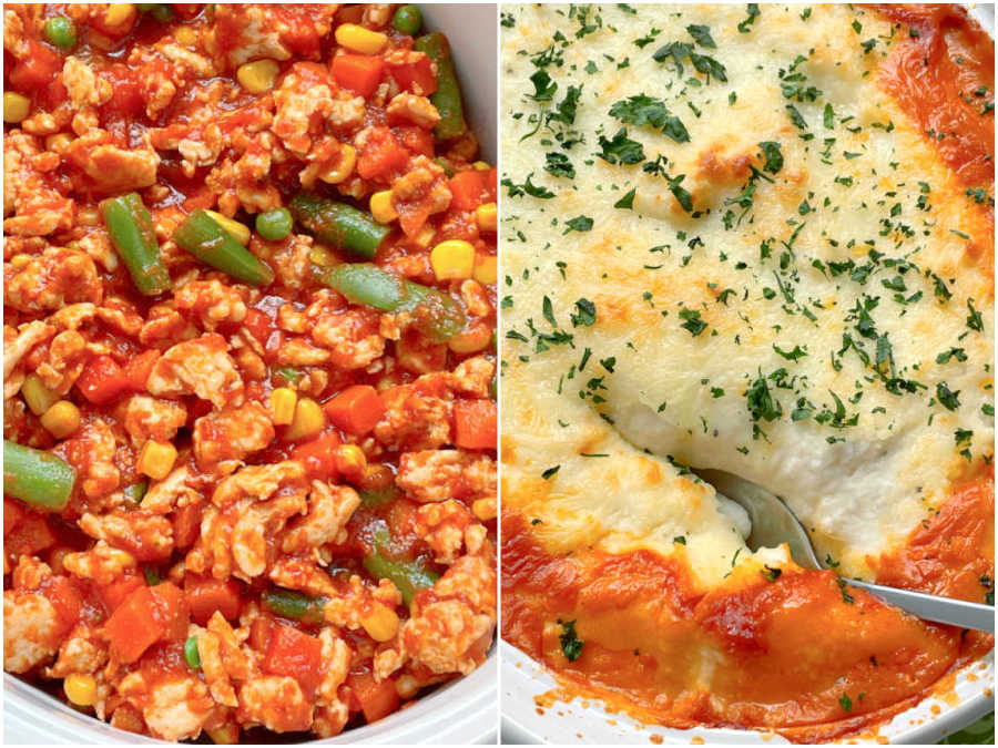 showing the turkey filling and the mashed potato topping of healthy shepherd's pie