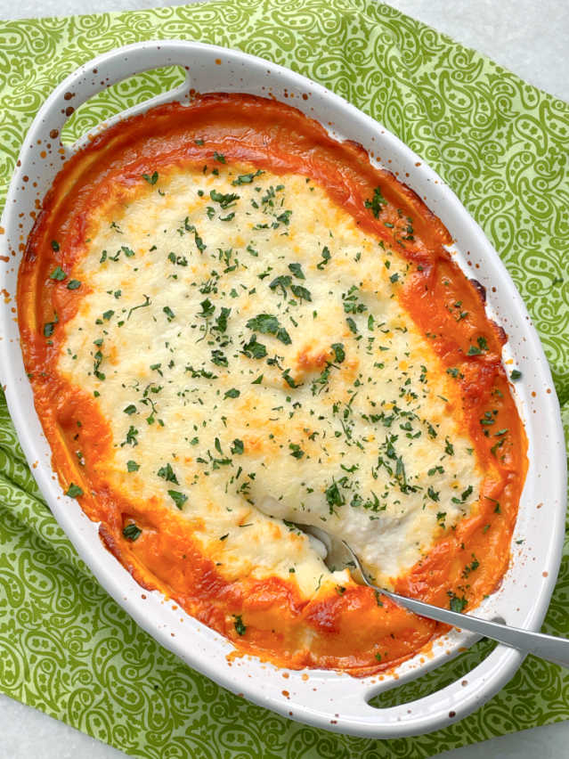 overhead shot of healthy shepherd's pie in casserole dish