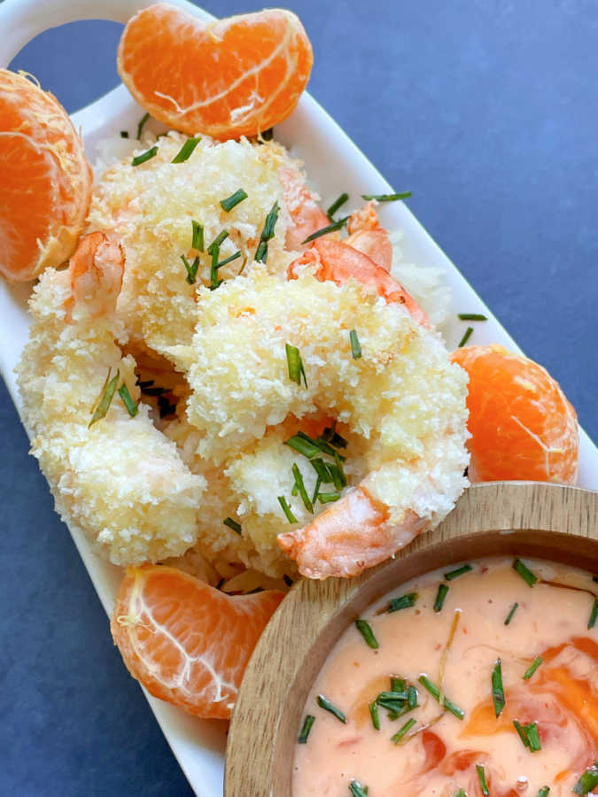 air fryer bang bang shrimp on a platter