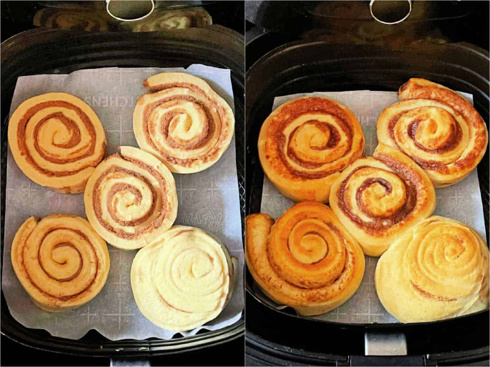 showing the cinnamon rolls partially baked in the air fryer basket