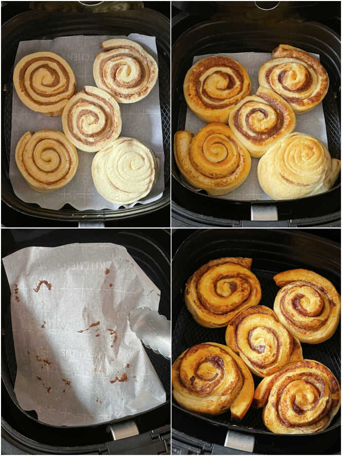 showing the cinnamon rolls cooking in the air fryer