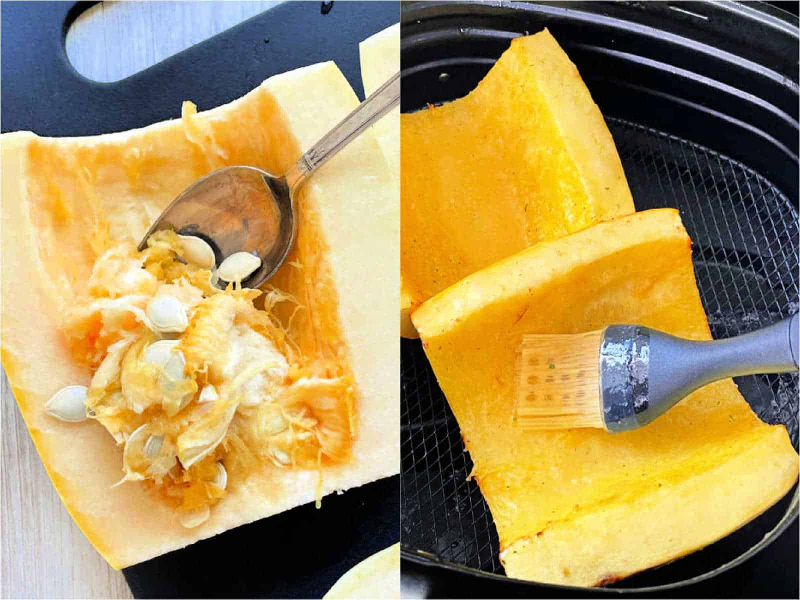 showing how to scoop the seeds out of the squash and then air fry it