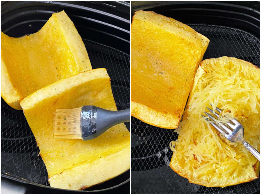 the before and after of spaghetti squash in the air fryer basket