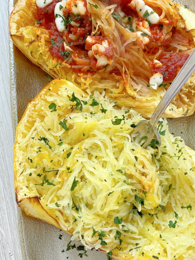 taking a bite of air fryer spaghetti squash