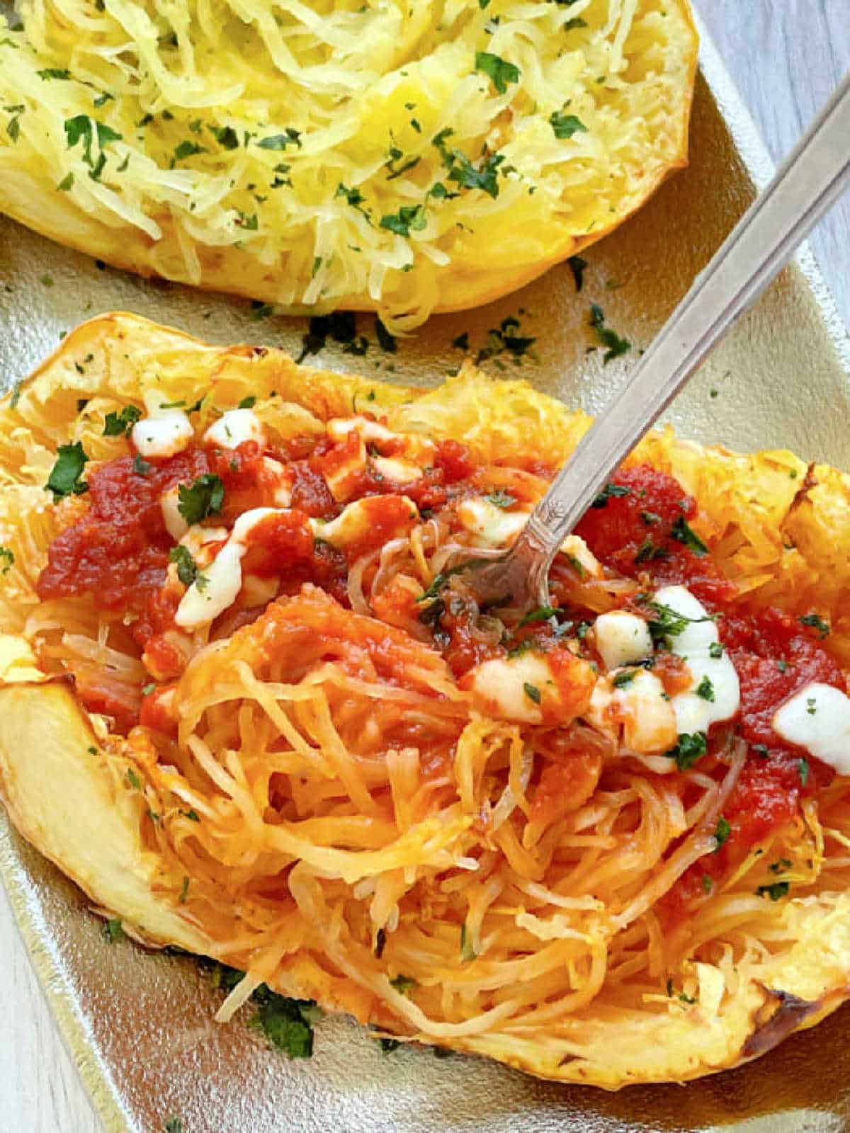 air fried spaghetti squash topped with marinara and cheese