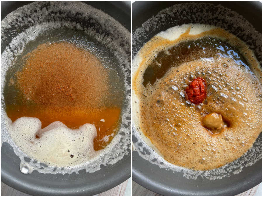 showing the browned butter in the skillet for pumpkin ravioli sauce