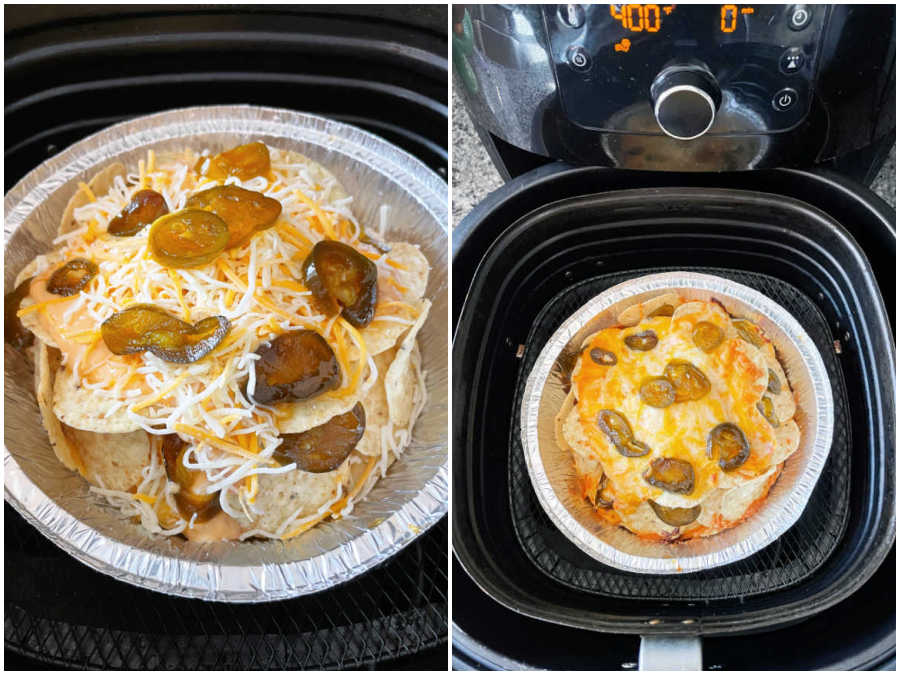 before and after of nachos in the basket of the air fryer
