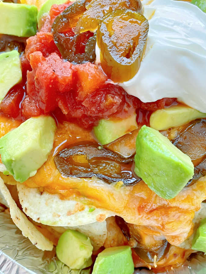 close up of loaded nachos