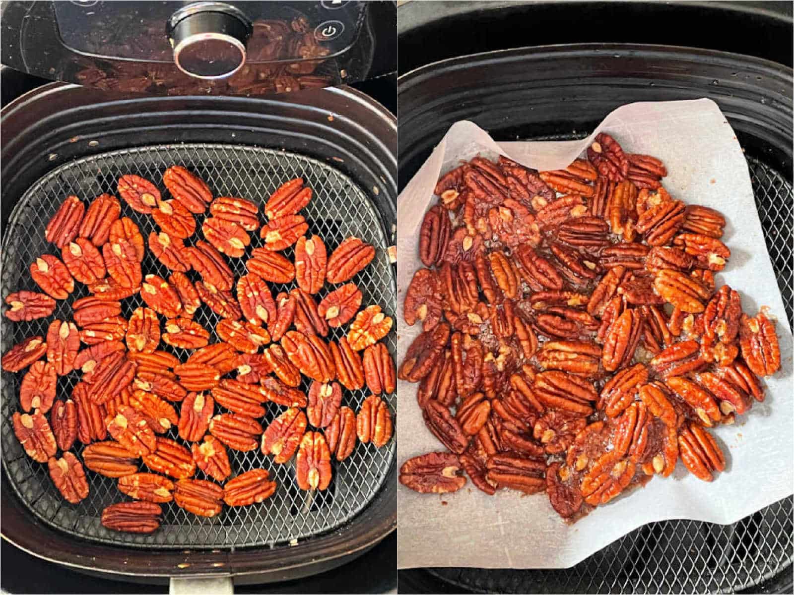 toasted pecans in a single layer in the basket of the air fryer and then showing the on top of parchment paper to flavor them with a maple cinnamon glaze