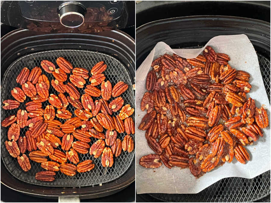 pecans in the basket of the air fryer