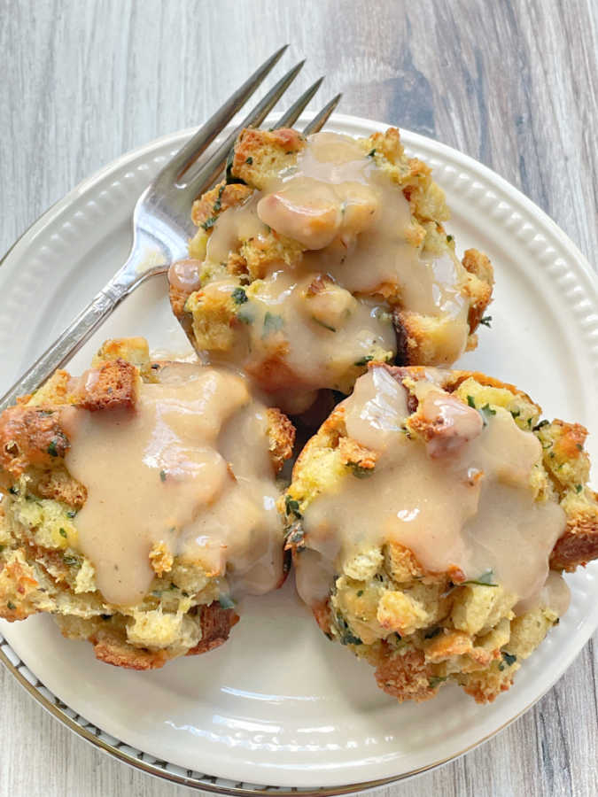 stuffing muffins topped with turkey gravy