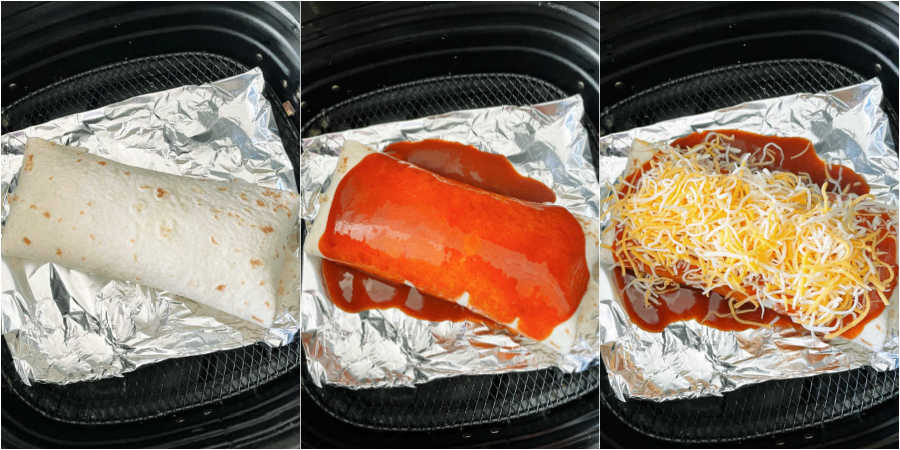 photos showing the process of cooking an air fryer burrito