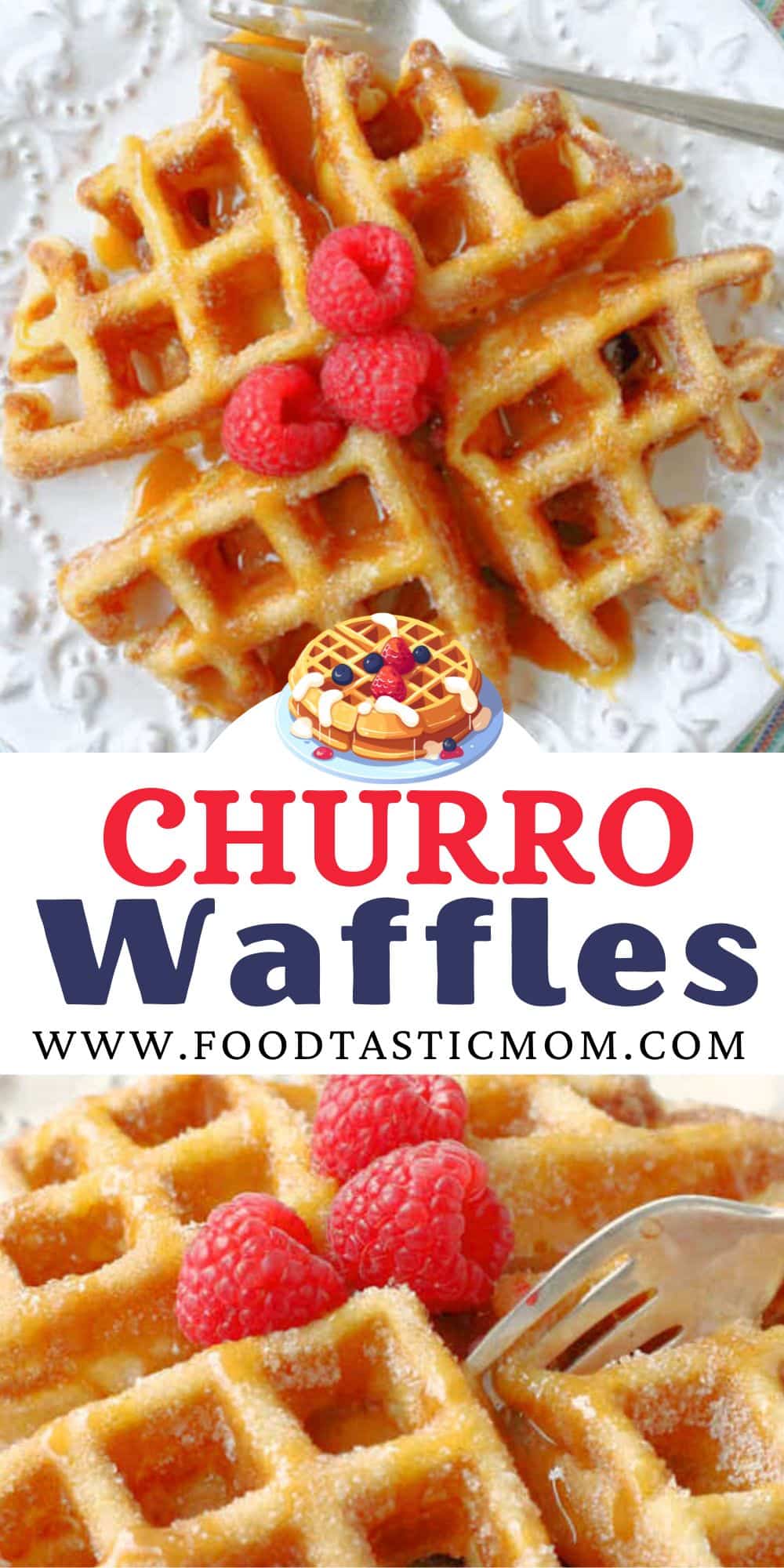 Churro Waffles are brushed with melted butter, coated in cinnamon sugar and drizzled with caramel sauce for an amazing treat any time of day. via @foodtasticmom