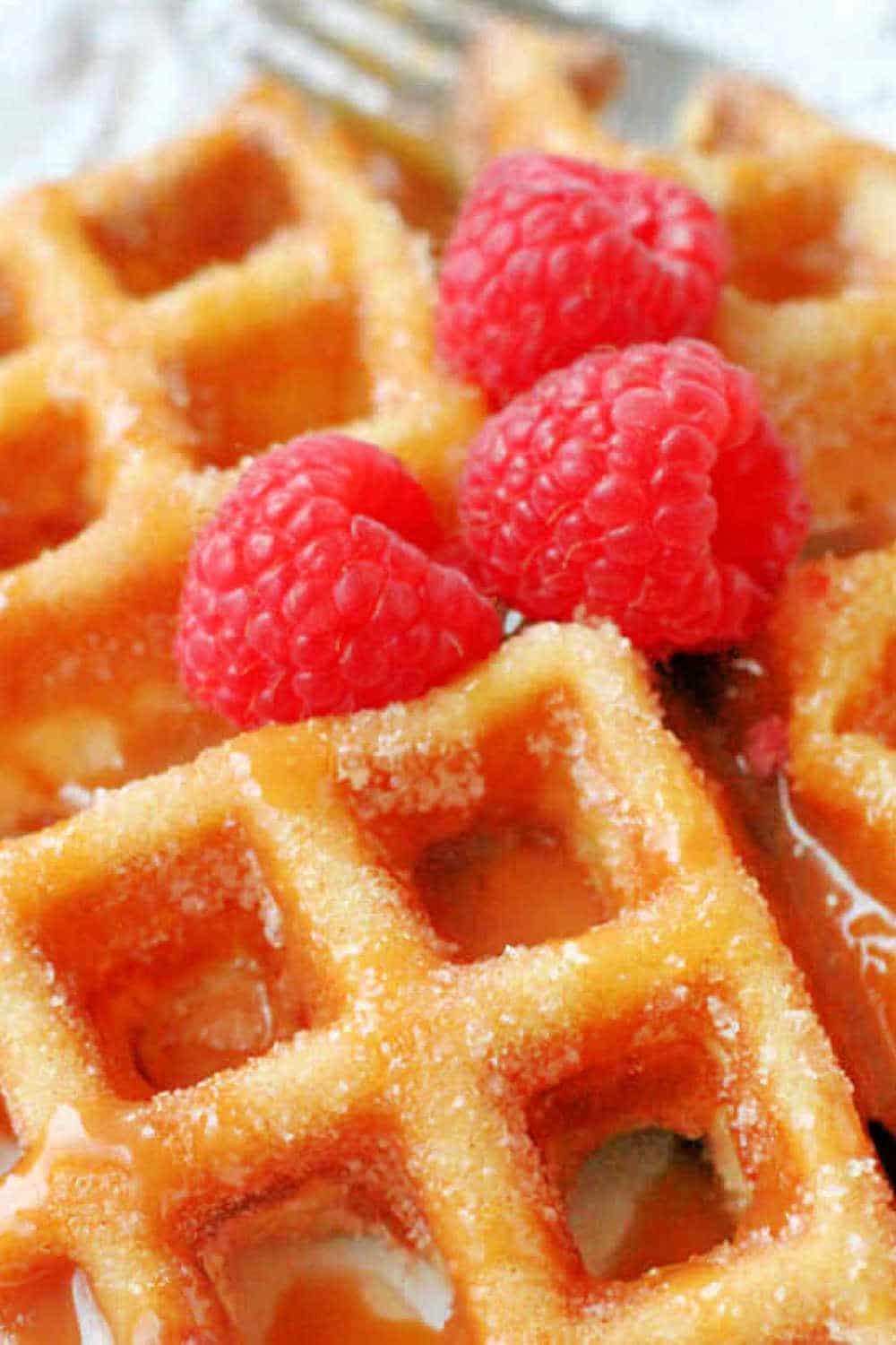 Churro Waffles are brushed with melted butter, coated in cinnamon sugar and drizzled with caramel sauce for an amazing treat any time of day. via @foodtasticmom