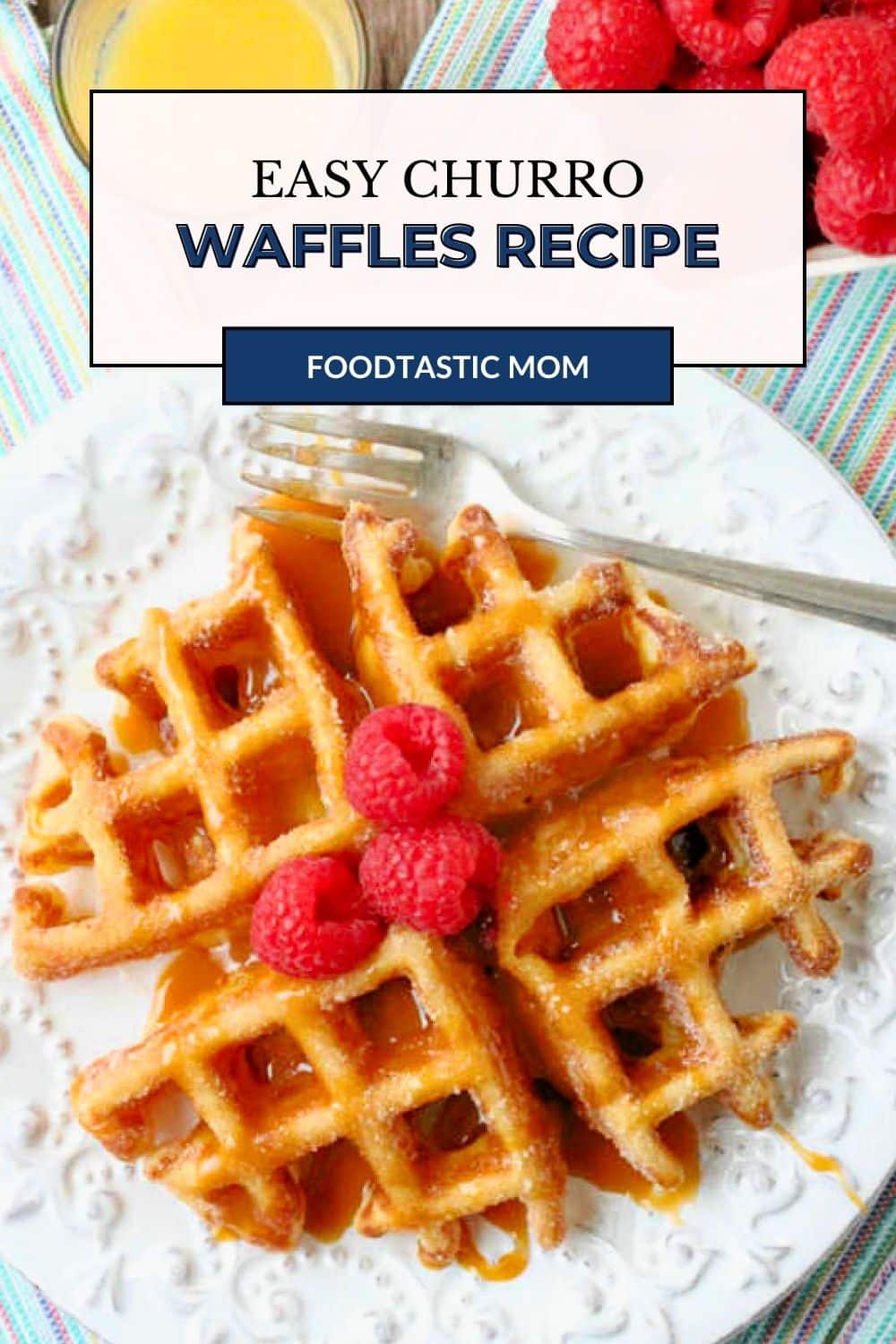 Churro Waffles are brushed with melted butter, coated in cinnamon sugar and drizzled with caramel sauce for an amazing treat any time of day. via @foodtasticmom