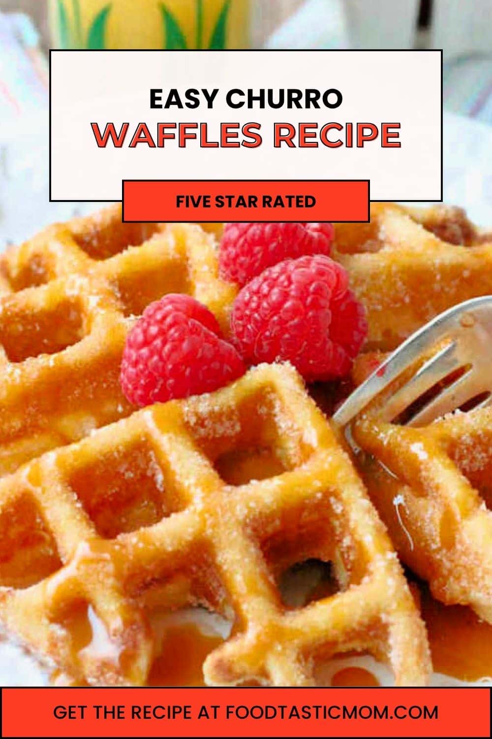 Churro Waffles are brushed with melted butter, coated in cinnamon sugar and drizzled with caramel sauce for an amazing treat any time of day. via @foodtasticmom