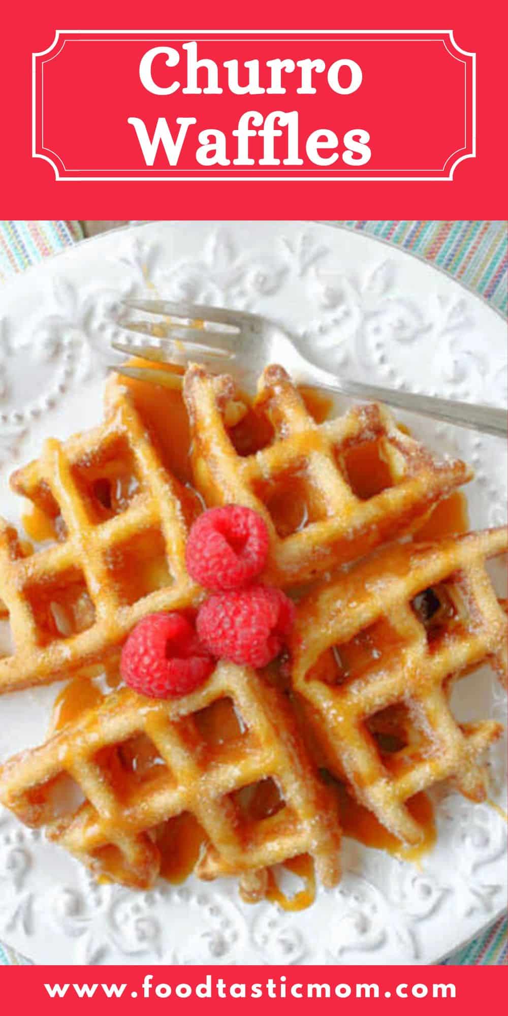 Churro Waffles are brushed with melted butter, coated in cinnamon sugar and drizzled with caramel sauce for an amazing treat any time of day. via @foodtasticmom