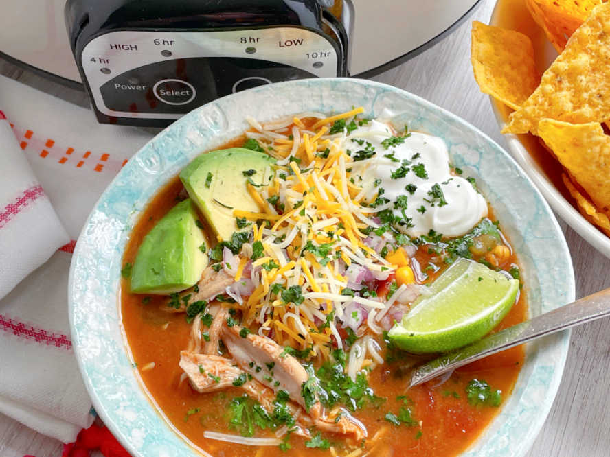 a bowl of crockpot chicken taco soup