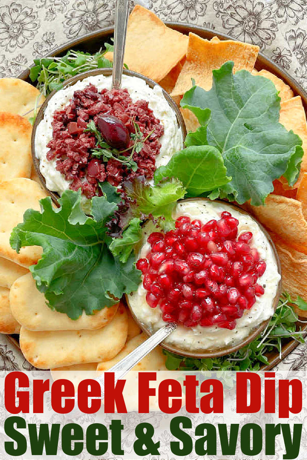Greek Feta Dip is one simple dip to serve two ways! Sweet with honey or savory with lemon and olives. This is a beautiful appetizer for entertaining. via @foodtasticmom
