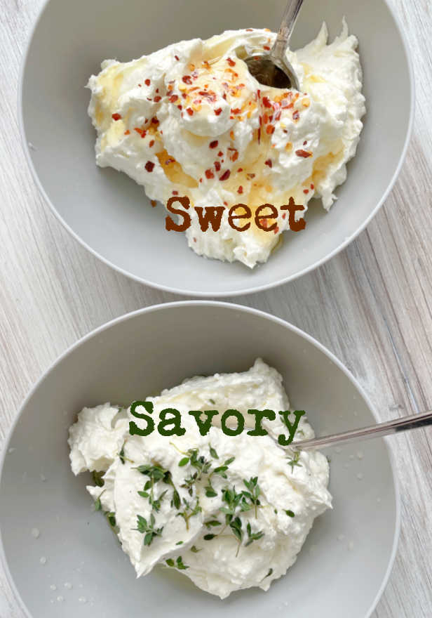 dividing the greek feta dip to make one sweet and one savory