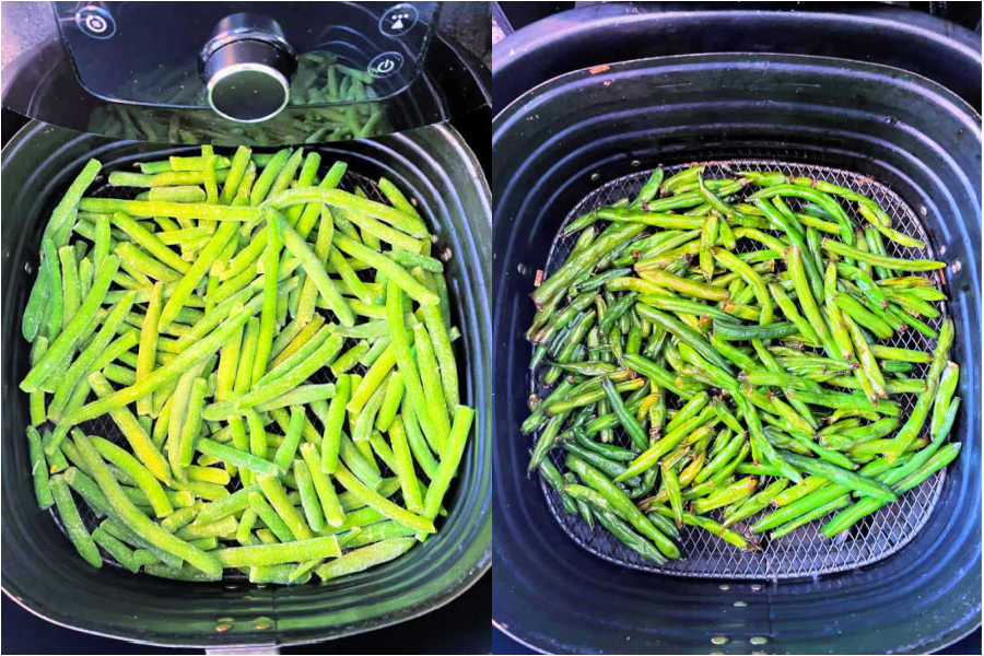 showing the green beans inside of the air fryer basket before and after being cooked