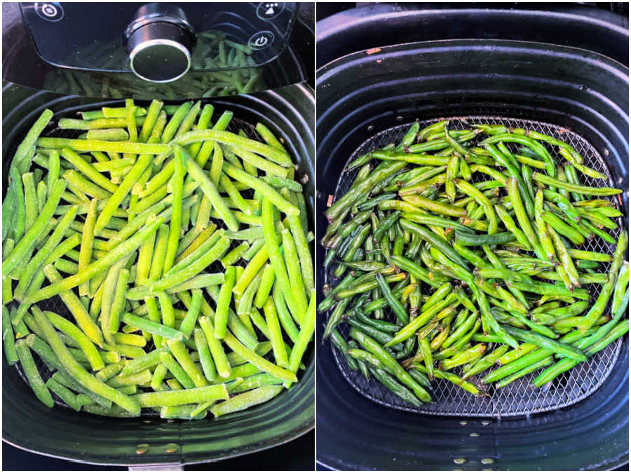 before and after of green beans in basket of air fryer