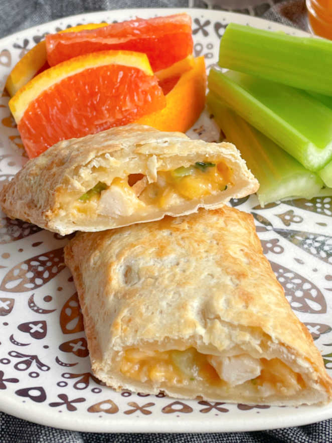 hot pocket cut in half to show chicken broccoli and cheddar filling