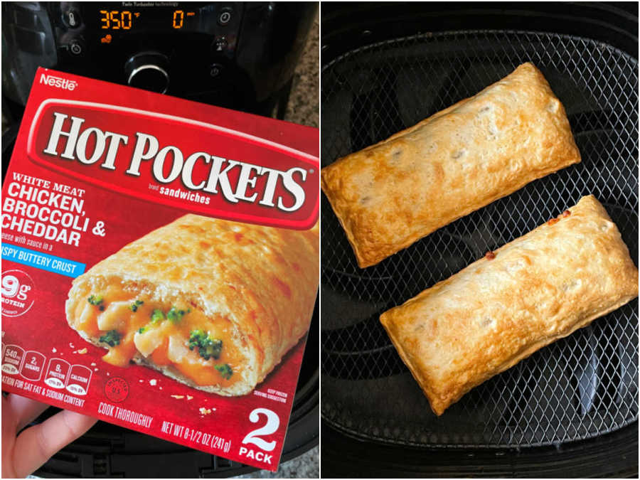 chicken broccoli and cheddar hot pockets package and two hot pockets in the air fryer basket