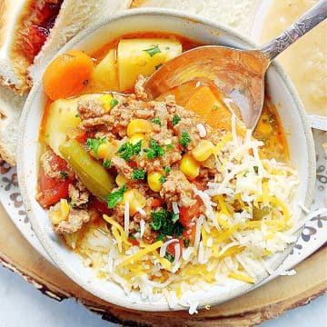 Campfire Stew is a hearty meal that kids love, filled with ground beef, potatoes and vegetables. Also known as hobo stew or cowboy stew.