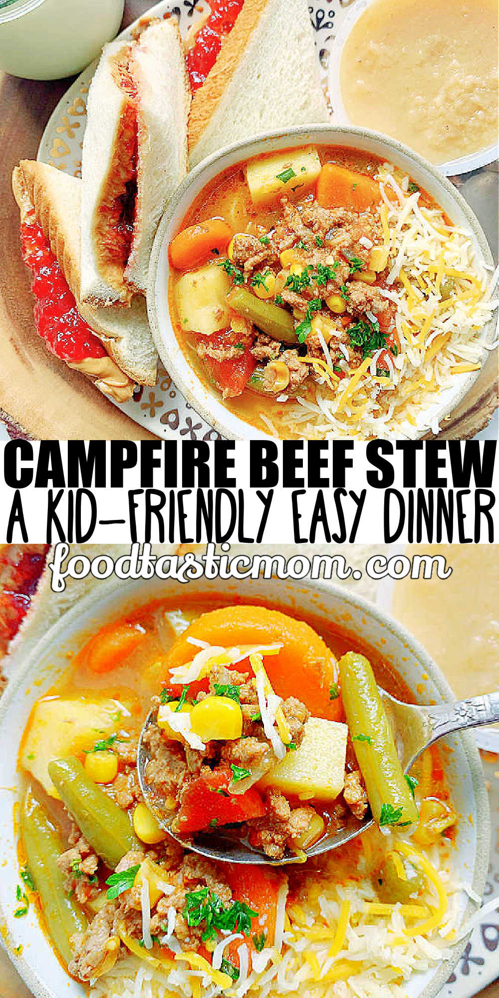 Campfire Stew is a hearty meal that kids love, filled with ground beef, potatoes and vegetables. Also known as hobo stew or cowboy stew. via @foodtasticmom