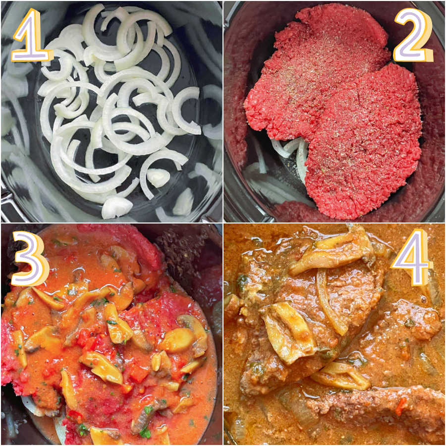 showing the process of making crock pot cube steak