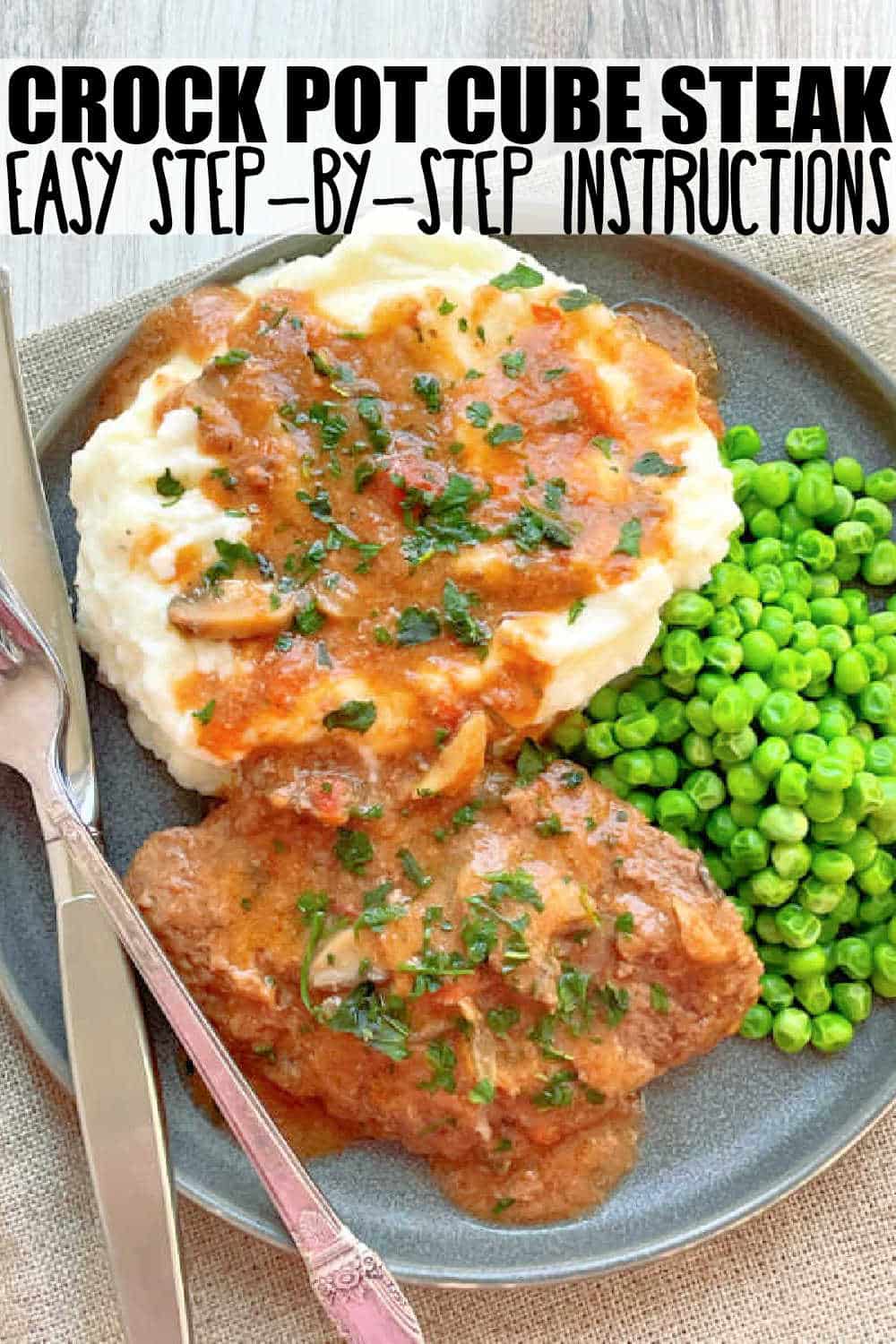 Crock Pot Cube Steak uses all natural ingredients (no envelopes) to make the most tender steak and luscious mushroom gravy. via @foodtasticmom