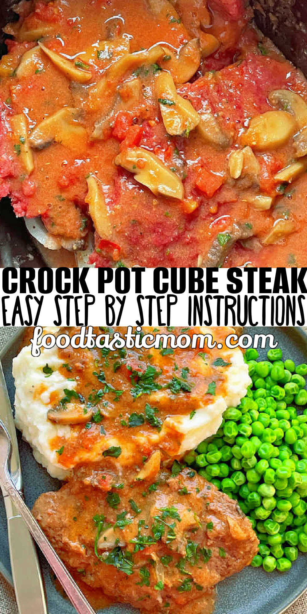 Crock Pot Cube Steak uses all natural ingredients (no envelopes) to make the most tender steak and luscious mushroom gravy. via @foodtasticmom