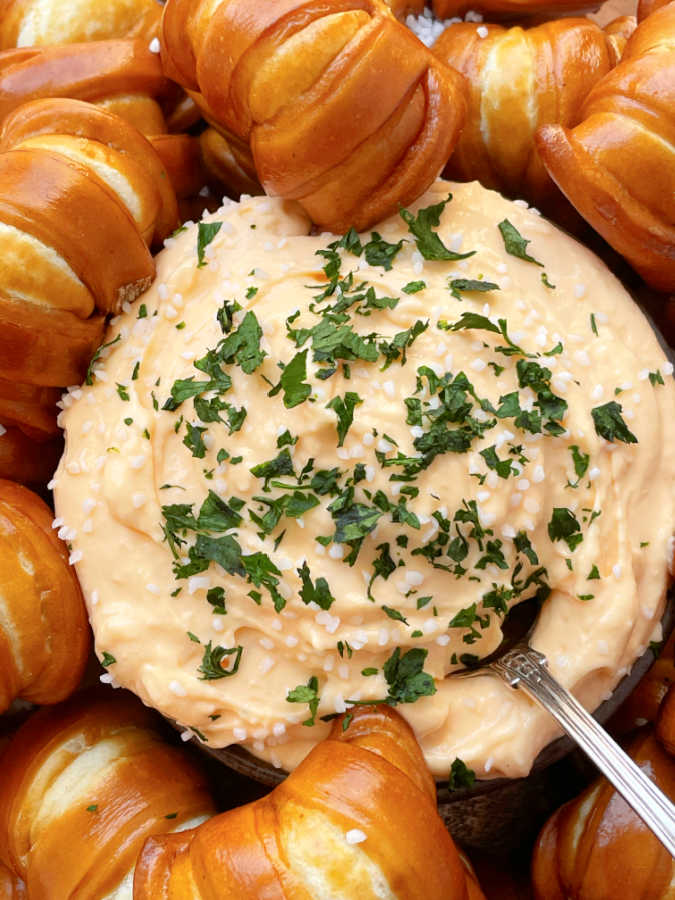 a bowl of pub cheese, ready for dipping